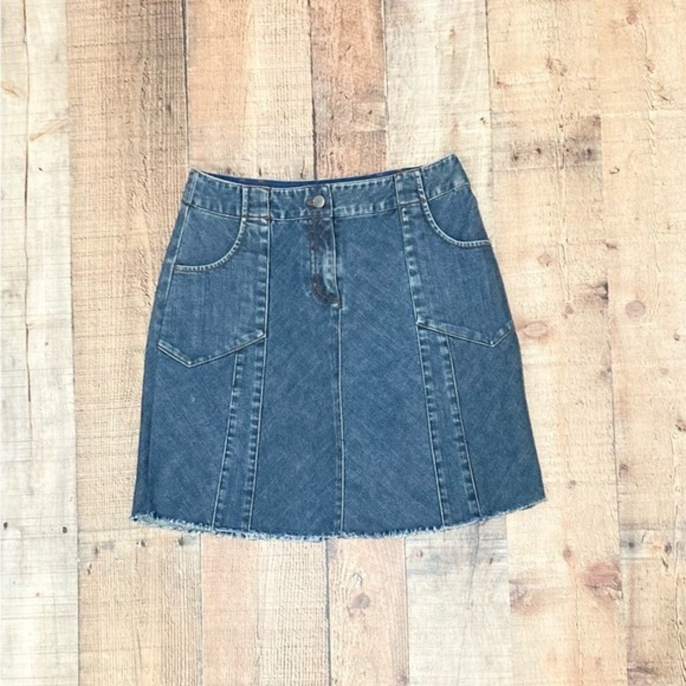 J. Jill Blue Denim Mini Skirt Stretch Raw Hem Petite 4P A-Line Cotton Blend